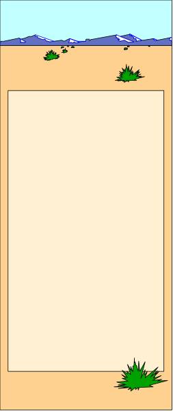 The image shows a simple scene with an open book on its spine placed against what appears to be a wall-mounted shelf in front of which is a blank white board that resembles a chalkboard, and behind it there's a small landscape depiction featuring cacti, mountains, and desert scenery.