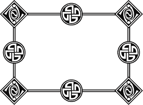 The black and white design features a symmetrical pattern with interlocking shapes resembling stylized letters forming an intricate border around what appears to be a central emblem consisting of two overlapping circles, each containing three smaller concentric rings; this is set against a dark background that contrasts sharply.