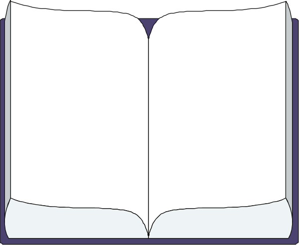 The image shows an open book with blank pages on a gray background.