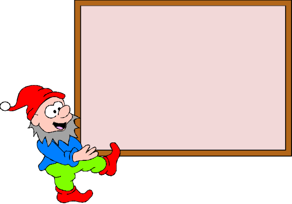 The image shows a cartoon gnome standing next to an empty whiteboard with black borders on it; there is no text in this small clip-art illustration.
