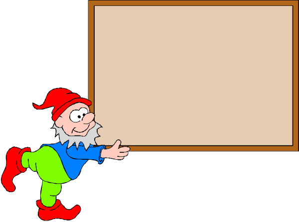 The cartoon shows a gnome standing next to an empty whiteboard with its arms outstretched as if presenting it; there is no text on the board.