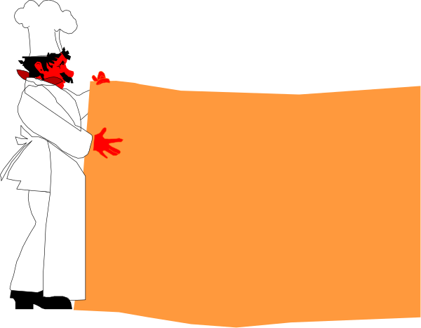 The image shows a cartoon of two characters: an orange chef with red hair on top left corner holding up his hands in surprise; next to him is another character who appears as if he has been shot by a gun, lying down and bleeding out from under what looks like a large knife or sword.