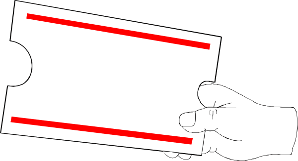 The image shows a black and white illustration of two hands holding up an object that resembles a card with red stripes on it against a dark background.