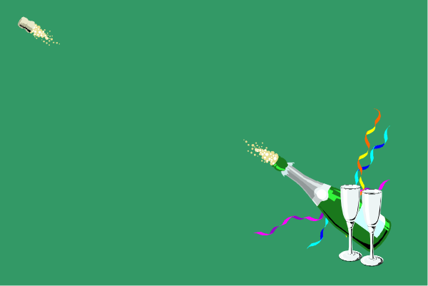 The image shows a cartoon of two champagne bottles celebrating with confetti on what appears to be New Year's Eve in Times Square at midnight.