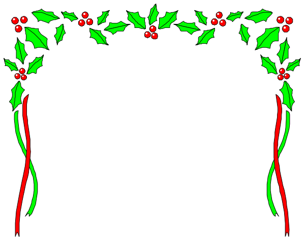 The image shows a festive holiday greeting with red berries on either side of an archway decorated for Christmas, featuring green holly leaves atop two curved lines that resemble candy canes in front and behind it; there is no text present within this clip-art style illustration.