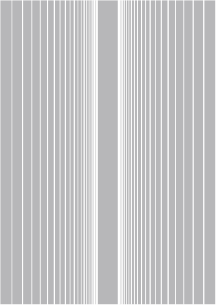The image shows a vertical strip of various patterns with different shades of gray on each side, creating an optical illusion effect when viewed from left to right due to alternating lightnesses that make it appear as if there is movement and depth in the design.