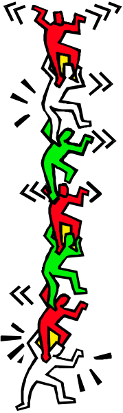 The image shows a sequence of six cartoon figures performing acrobatics on what appears to be an escalator with alternating red and green stripes in each panel from left to right: 1) A figure standing upright, facing forward; 2) Two figures leaning back against the wall while holding onto handrails above them; 3) Three figures balancing sideways along a narrow ledge or railing; 4) Four figures walking upwards on an inclined surface with one foot in front of another and arms outstretched for balance. The setting is abstract, without