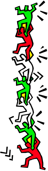 The image shows a black and white photo of an escalator with multiple figures standing on it; each figure is performing different acrobatic poses as if dancing downward in sequence from left to right.