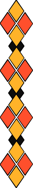 The image shows a gray background with two vertical black stripes on either side of red diamond shapes that form an abstract pattern resembling flames or zigzags along their length.