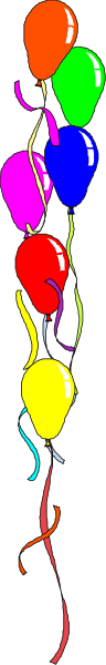 The image shows a bunch of colorful balloons tied together with ribbons against a gray background.