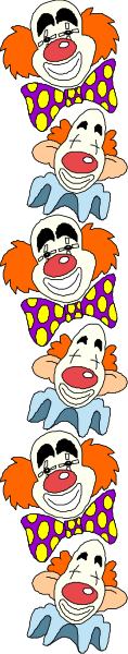 The image shows a sequence of cartoon clowns with exaggerated features like large noses and red hair; each has different expressions ranging from happy to sad as if in motion against a gray background.
