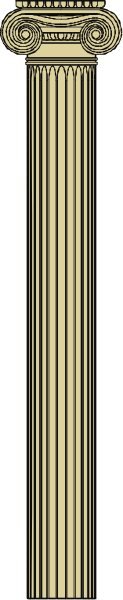 The image shows a stylized column with an architectural design on its shaft, set against a gray background that has black stripes at both ends of the column.