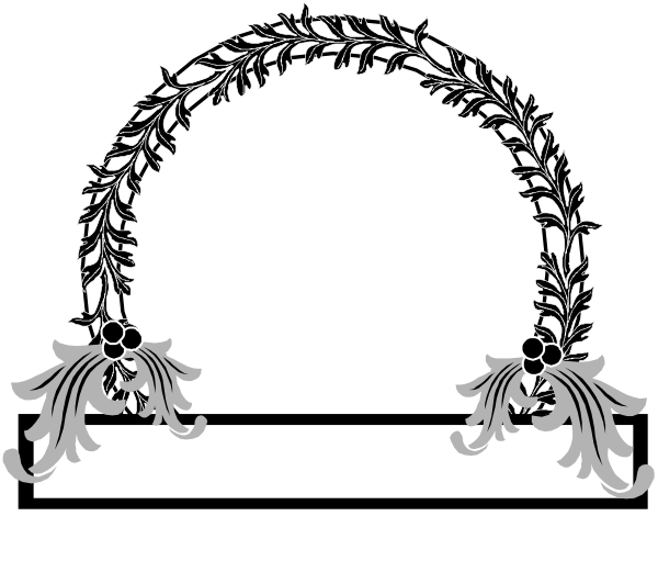 The black and white illustration features a decorative arch with floral designs on either side atop what appears to be an open book cover.