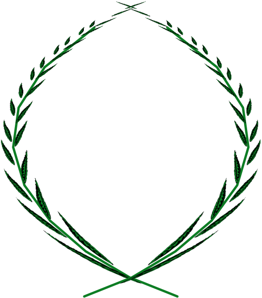 The image shows a wreath with laurel leaves inside an oval frame against a dark background on the left side of the screen; there is also text that reads "Welcome to our new website" in white font at the bottom right corner, and what appears to be a small green plant or tree branch extending from one end of the wreath.