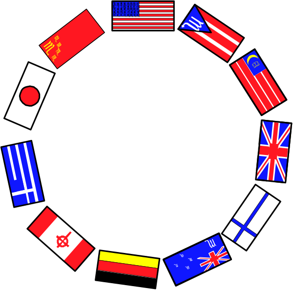 The image shows a circular arrangement of flags from various countries around an empty center circle on what appears to be a globe-like structure with each flag representing different nations.