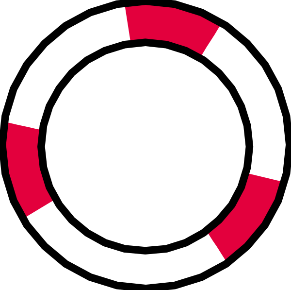 The image shows a black background with three red circles arranged to form an abstract pattern that resembles two overlapping rings connected by lines at their ends.