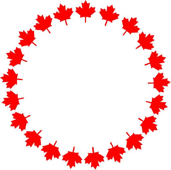 The image shows a black background with red maple leafs forming an oval circle around it.