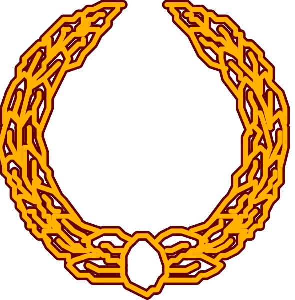 The image shows two laurel wreaths with a circular emblem between them on what appears to be an abstract background.