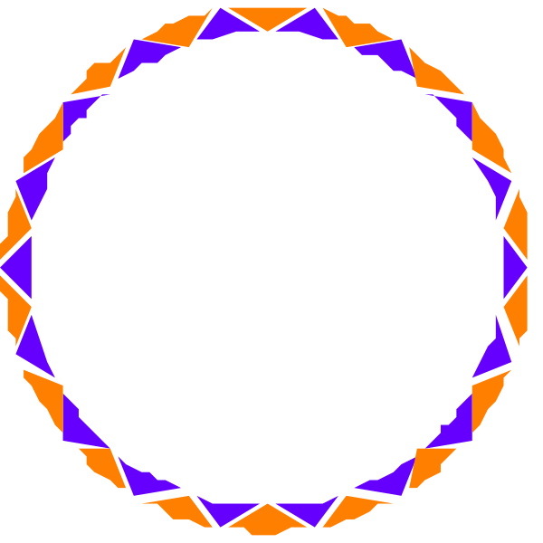 The image shows a simple graphic with two interlocking rings resembling gears; each ring has alternating blue and orange segments forming concentric circles within it.