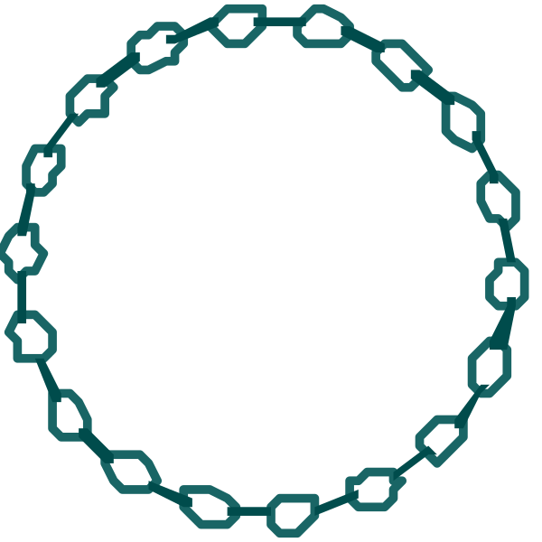 The image shows a circular chain link symbol with two interconnected loops on either side of it against a dark background.