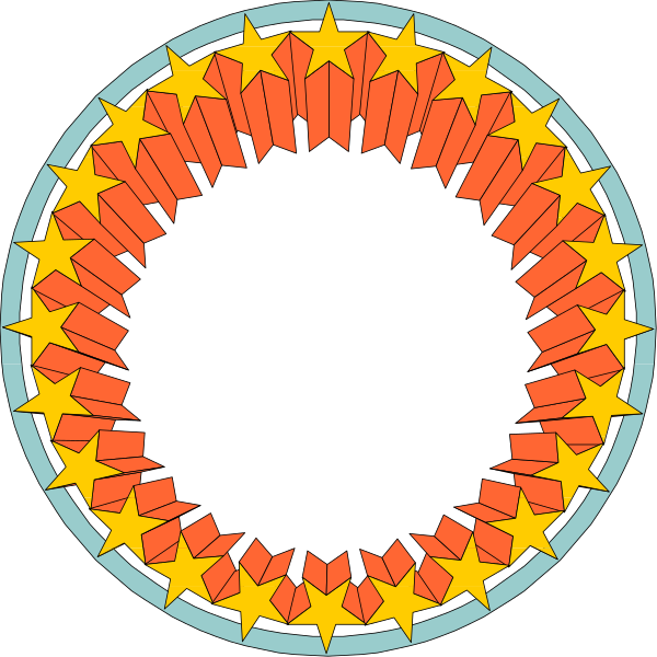 The image shows two circular designs with a starburst pattern around them; each design has an inner circle of red stars on black backgrounds encased within outer circles that have blue borders featuring white triangles at their ends, creating a symmetrical effect between both images.