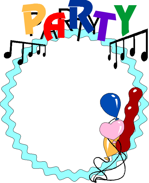 The image shows a cartoon of an invitation card with text that reads "party" at top right corner. On this party invite is drawn a small blue balloon floating above two pink hearts on either side; there's also one red heart in between them, and three white stars are positioned below the balloons. A black cat sits next to these elements of decoration. The background features musical notes that appear as if they were falling from an unseen source or being blown by a breeze.