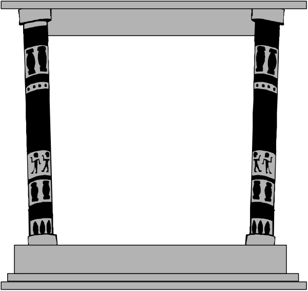 The black and white illustration shows a stage with two columns on either side of an empty space where performers would stand; there is no audience visible in this image.