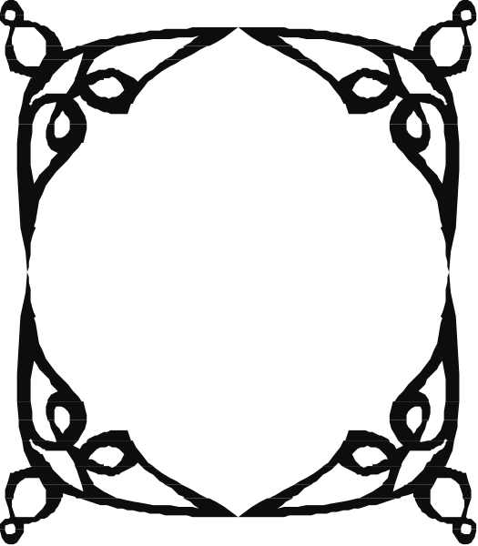 The image shows a black and white illustration of an oval frame with intricate designs inside it on its left side against a dark background; there is no visible text in this clip-art piece.