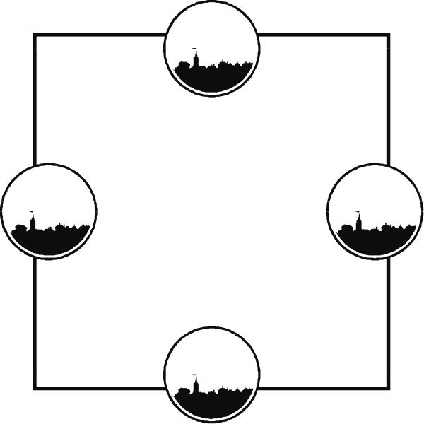 The black and white illustration shows a circular arrangement of six smaller circles with silhouettes inside them representing buildings around an open space in what appears to be nighttime.