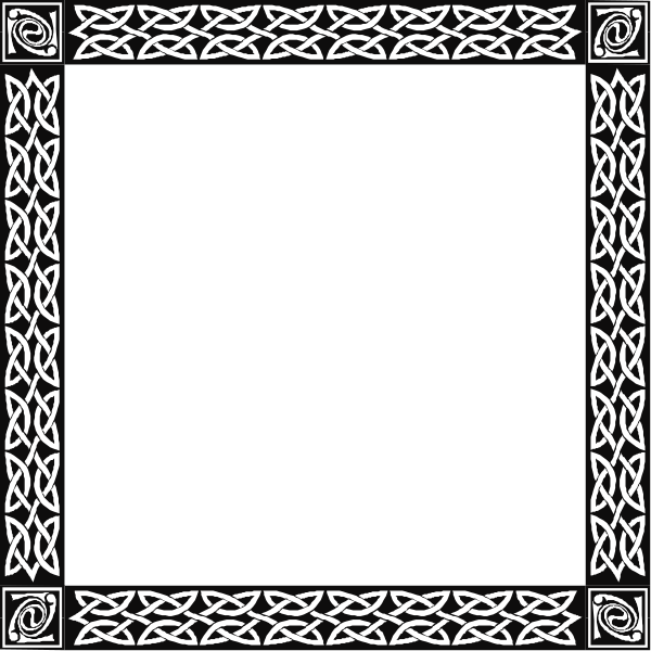 The black and white illustration features a square frame with an intricate design inside it that includes Celtic knotwork patterns along its edges; within this patterned border is another smaller image of what appears to be a shield, also adorned with similar designs in shades of gray on the background.