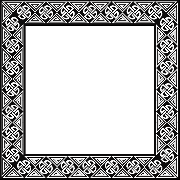 The black and white square graphic features an intricate design with a Celtic knot pattern at its center surrounded by decorative borders that resemble traditional Irish crosses on either side of the frame.