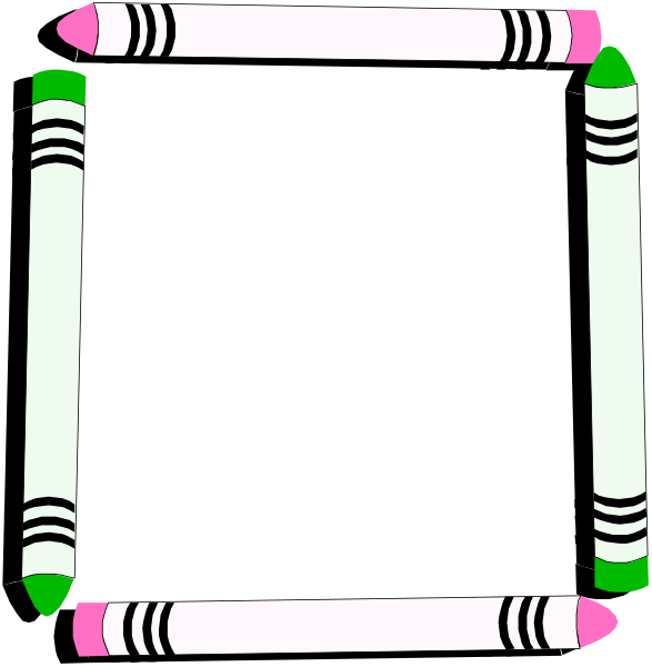 The image shows a black square with four colorful crayons on its sides: two green ones at top left corners, one pink in bottom right corner, and another yellow-greenish hue between them near center of side opposite to where it is placed within frame.