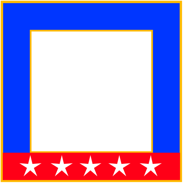 The image shows a blue square with five white stars at its corners within an orange border on top of another smaller red rectangle that has two yellow lines forming an X shape in front of it.