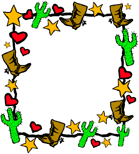 The image shows a black background with cartoonish western motifs such as cowboy boots, stars, cacti, hearts in various shapes and sizes, all arranged around an empty white square that resembles a note card.