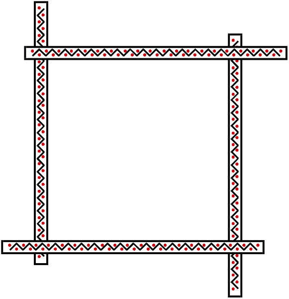 The image shows a black and white pixelated representation of two different designs: on top is an intricate pattern with red dots forming geometric shapes; below it appears to be another design that looks like a simplified, more abstract version in shades of gray.