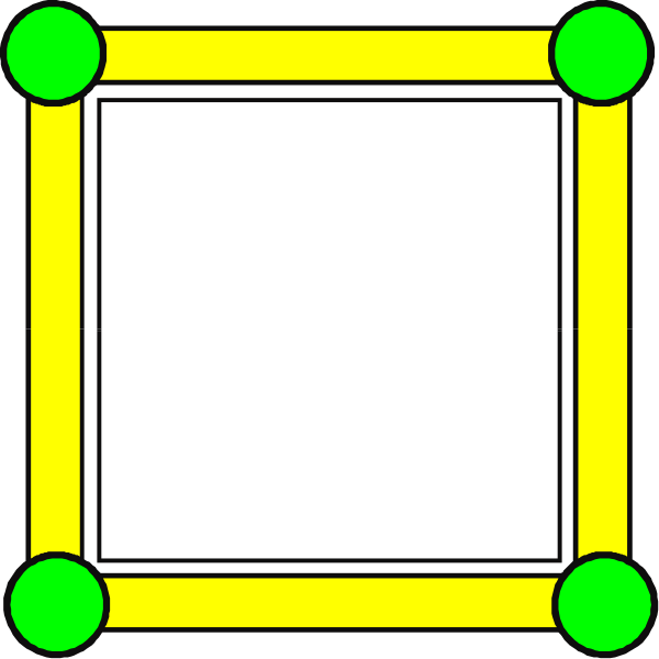 The image shows a simple black and white diagram of an empty room with four walls marked by green dots at each corner where two lines meet to form right angles.
