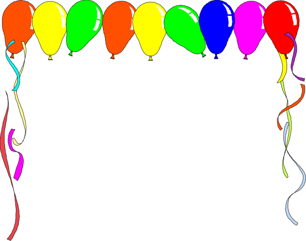 The image shows a colorful balloon arch with streamers on either side of it against a black background.