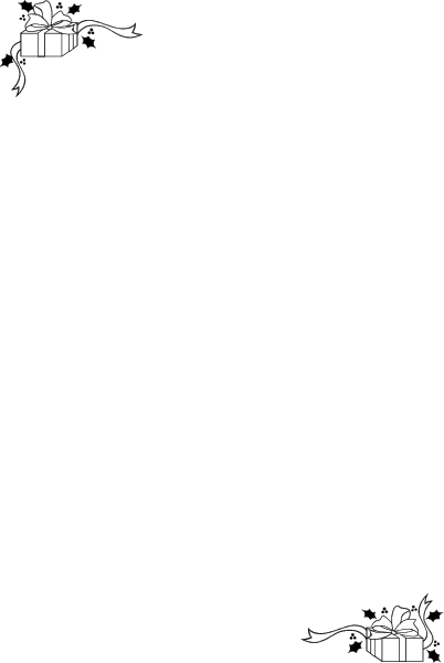 The image shows a black square with white borders containing an illustration of two gift boxes on either side at top corners; in between them is what appears to be a small tree decorated for Christmas, adorned with red and green baubles hanging from its branches.