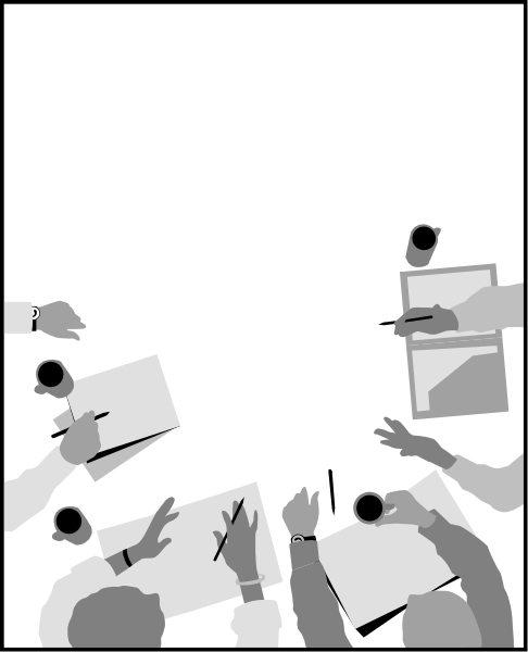 The black and white silhouette of a group of people gathered around papers on tables with pens; some individuals appear to be writing while others look at documents.