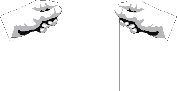 The image shows a black and white illustration of two hands holding up papers with text on them against an abstract background that resembles paper texture.