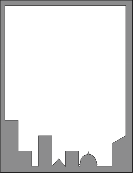 The image shows a black silhouette of an urban skyline with buildings against a dark background; it is stylized in white lines to represent cityscape features such as towers and possibly other architectural elements, but no specific details about objects within each building or any people are visible due to the monochromatic nature.