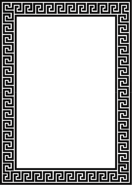 The image shows a black square with intricate white designs resembling Greek key patterns on its sides within an enclosed rectangle that has decorative borders at each corner; it is set against a neutral background.