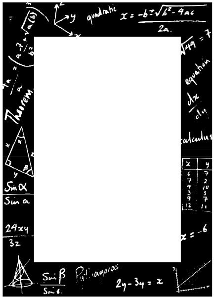 The blackboard contains mathematical equations with chalk writing on it.