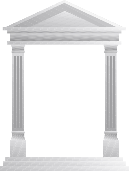 The image shows a white classical temple with columns against a black background.