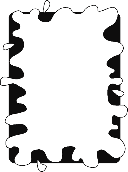 The image shows a black square with white splatter marks on it against an indistinct background that appears to be grayish-brown in color.