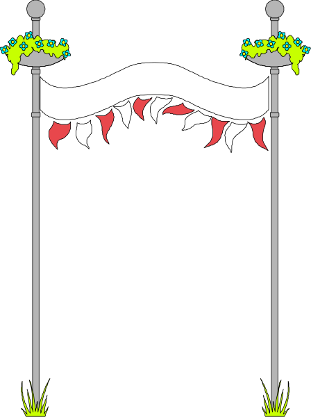 The image shows a black banner with white text at each end featuring what appears to be stylized red flowers on either side of an archway that has two small flags hanging from it; there is no visible background detail, and only one object can be identified: "banner."