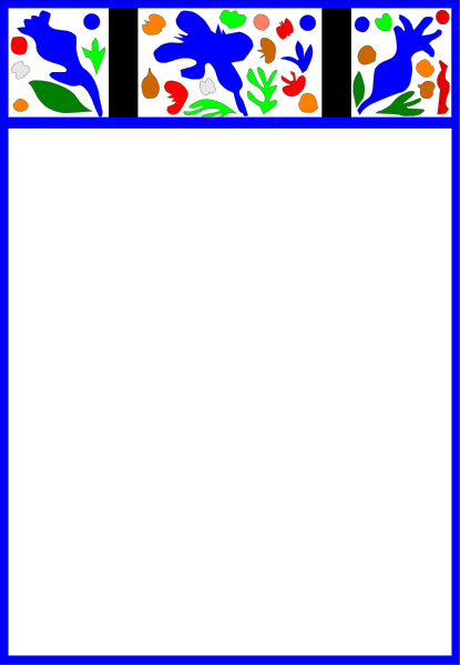 The image shows a stylized blue border with decorative elements at each corner featuring what appears to be floral patterns in red and green on either side of an empty white space that could serve as text area, set against a grey background.