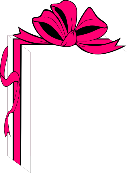 The image shows a pink gift bow on top of an open book with no pages visible against a black background; there is also a small white rectangle in front of the book that appears to be blank paper.
