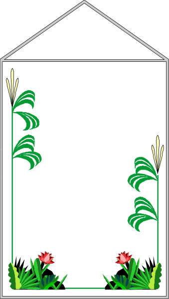 The image shows a black silhouette of an outdoor scene with plants on either side framing what appears to be a small structure in front.