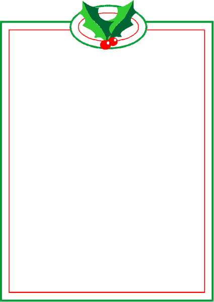 The image shows a Christmas card with an open envelope on it featuring holiday decorations such as mistletoe at top left corner of white background inside green border.